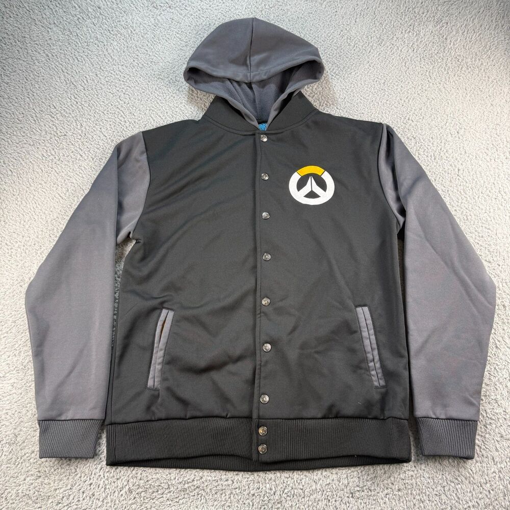 Blizzard Overwatch Varsity Jacket Hoodie Mens L Black Gray Snap Front Hooded